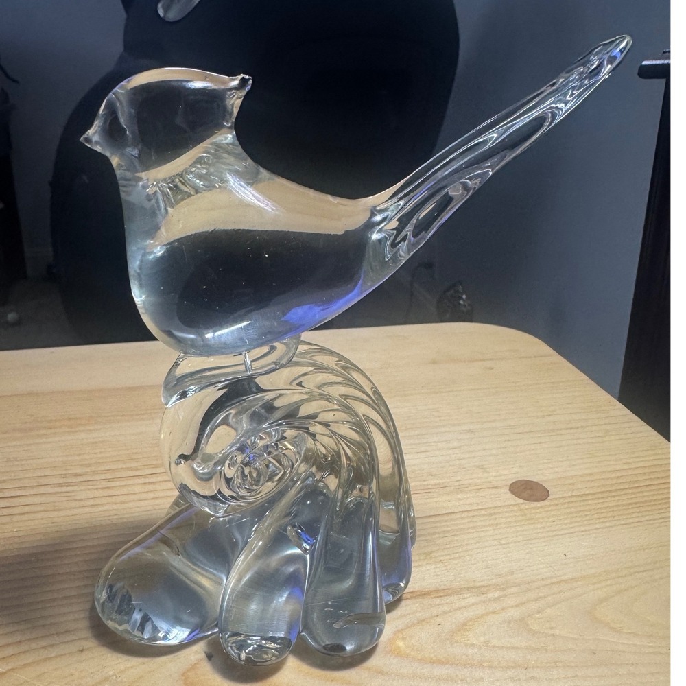 Vintage Clear Heavy Solid Glass Cardinal Figurine Swirl Base Sculpture 5.5" EUC